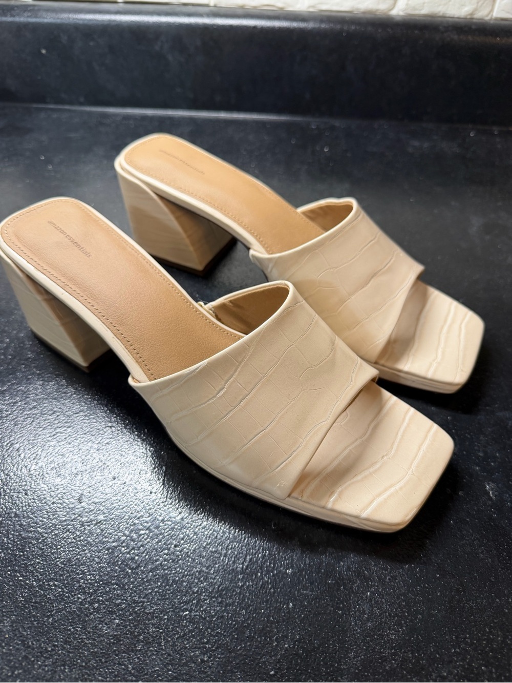 Beige Croc-Embossed Block Heel Mules